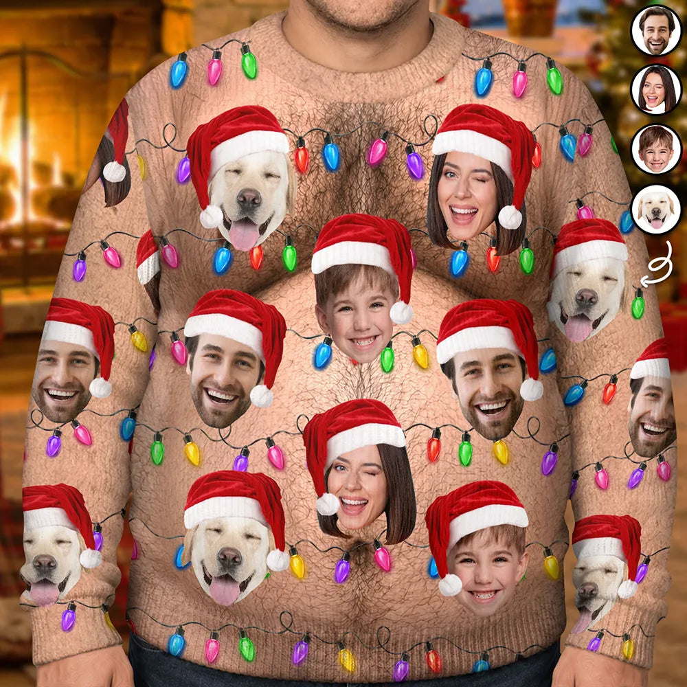 Custom Photo Funny Hairy Muscle Body Family Face Cut - Personalized Unisex Ugly Sweater