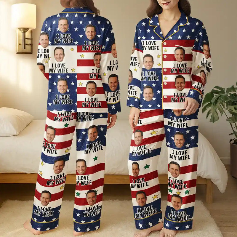 Funny, Gift For Couples, Gift For Wife, Gift For Girlfriend, Gift For Women - Custom Photo Funny I Love My Husband US Flag - Personalized Satin Pajama Set