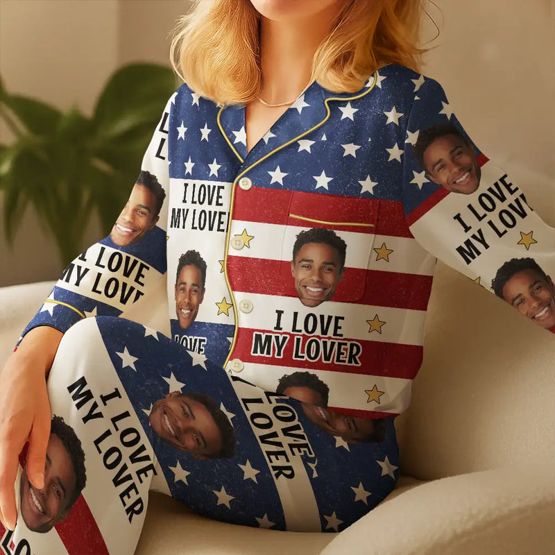 Funny, Gift For Couples, Gift For Wife, Gift For Girlfriend, Gift For Women - Custom Photo Funny I Love My Husband US Flag - Personalized Satin Pajama Set