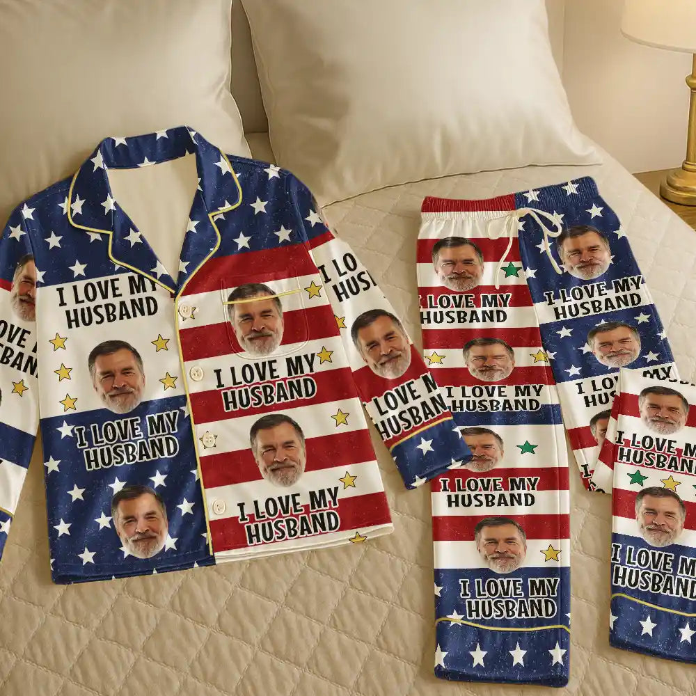 Funny, Gift For Couples, Gift For Wife, Gift For Girlfriend, Gift For Women - Custom Photo Funny I Love My Husband US Flag - Personalized Satin Pajama Set