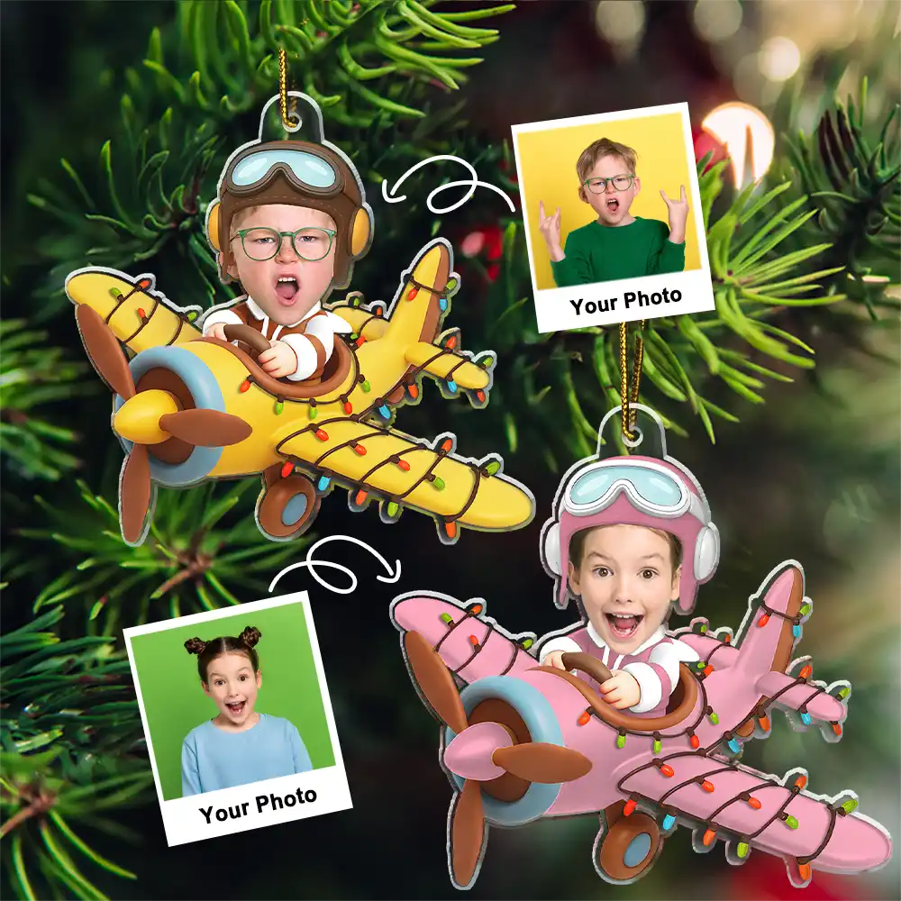 Custom Photo Funny Kid Face Airplane - Personalized Acrylic Photo Ornament