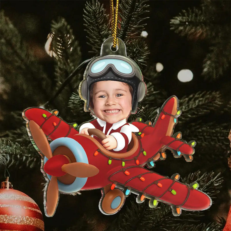 Gift For Kids,Gift For Grandkids,Photo Hobby Ornament,Custom Photo,Funny,Christmas - Custom Photo Funny Kid Face Airplane - Personalized Acrylic Photo Ornament
