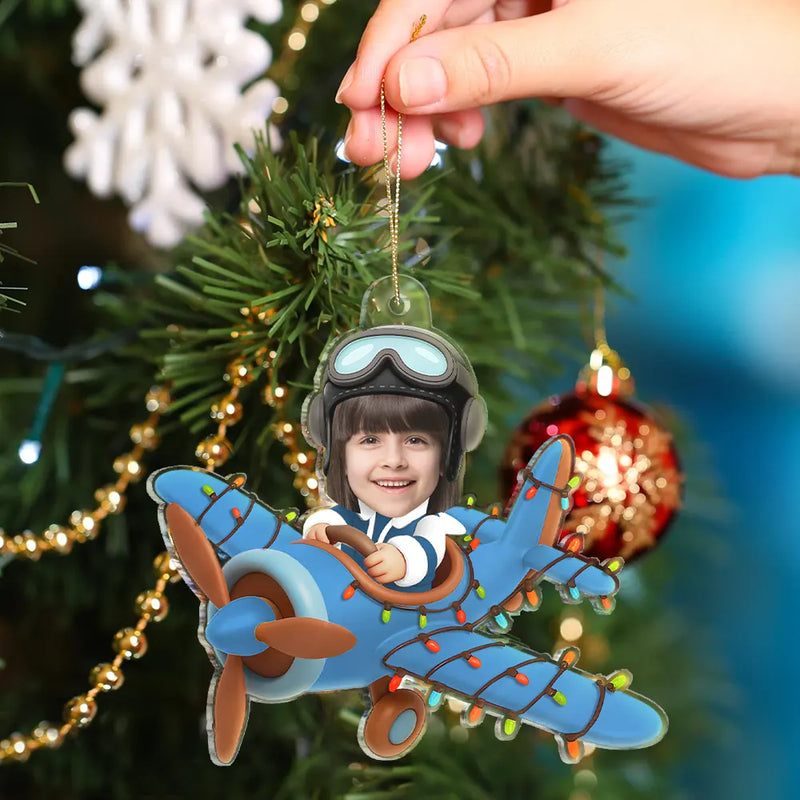 Gift For Kids,Gift For Grandkids,Photo Hobby Ornament,Custom Photo,Funny,Christmas - Custom Photo Funny Kid Face Airplane - Personalized Acrylic Photo Ornament