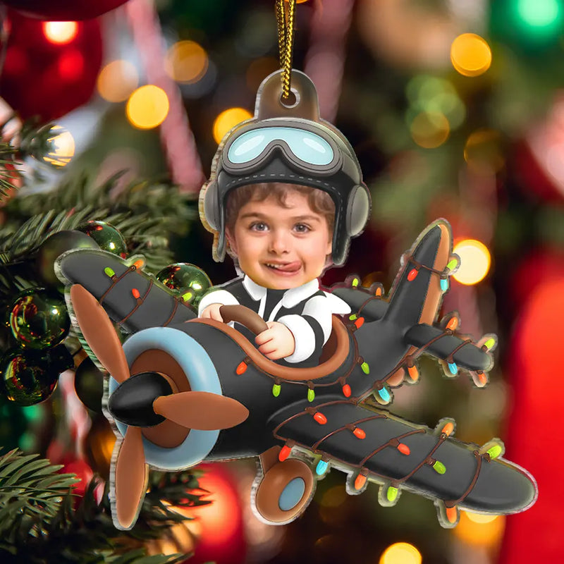 Gift For Kids,Gift For Grandkids,Photo Hobby Ornament,Custom Photo,Funny,Christmas - Custom Photo Funny Kid Face Airplane - Personalized Acrylic Photo Ornament
