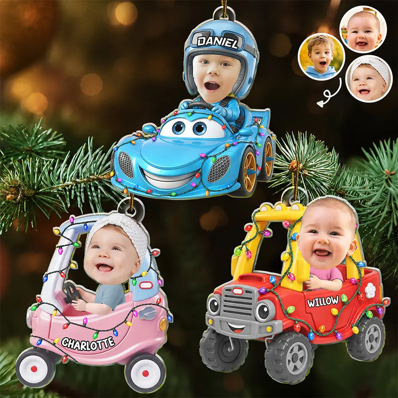 Top Market,Playful,Christmas,Custom Photo,Gift For Kids,Cut-Face Photo - Custom Photo Funny Kid Face Car Toys - Personalized Custom Shaped Acrylic Ornament