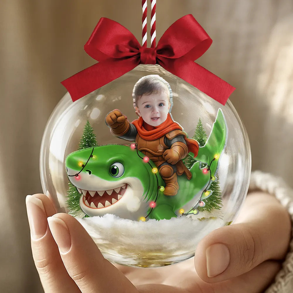 Gift For Kids,Custom Photo,Photo Hobby Ornament,Christmas,Happy - Custom Photo Funny Kid Face Riding Shark - Personalized 3D Acrylic Ball Ornament