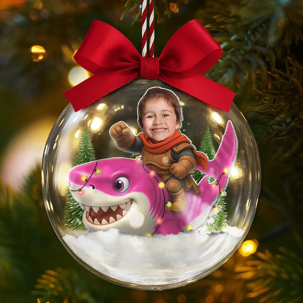 Gift For Kids,Custom Photo,Photo Hobby Ornament,Christmas,Happy - Custom Photo Funny Kid Face Riding Shark - Personalized 3D Acrylic Ball Ornament