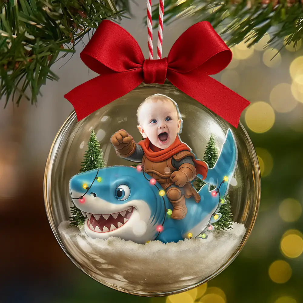 Gift For Kids,Custom Photo,Photo Hobby Ornament,Christmas,Happy - Custom Photo Funny Kid Face Riding Shark - Personalized 3D Acrylic Ball Ornament