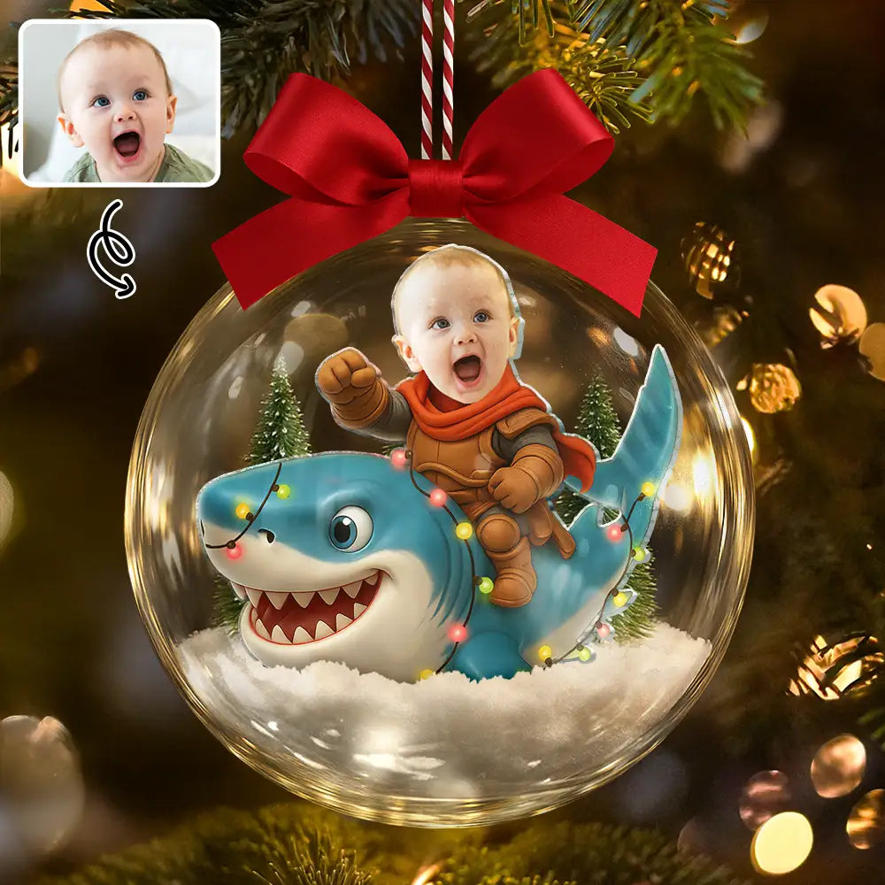 Custom Photo Funny Kid Face Riding Shark - Personalized 3D Acrylic Ball Ornament