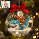 Gift For Kids,Custom Photo,Photo Hobby Ornament,Christmas,Happy - Custom Photo Funny Kid Face Riding Shark - Personalized 3D Acrylic Ball Ornament