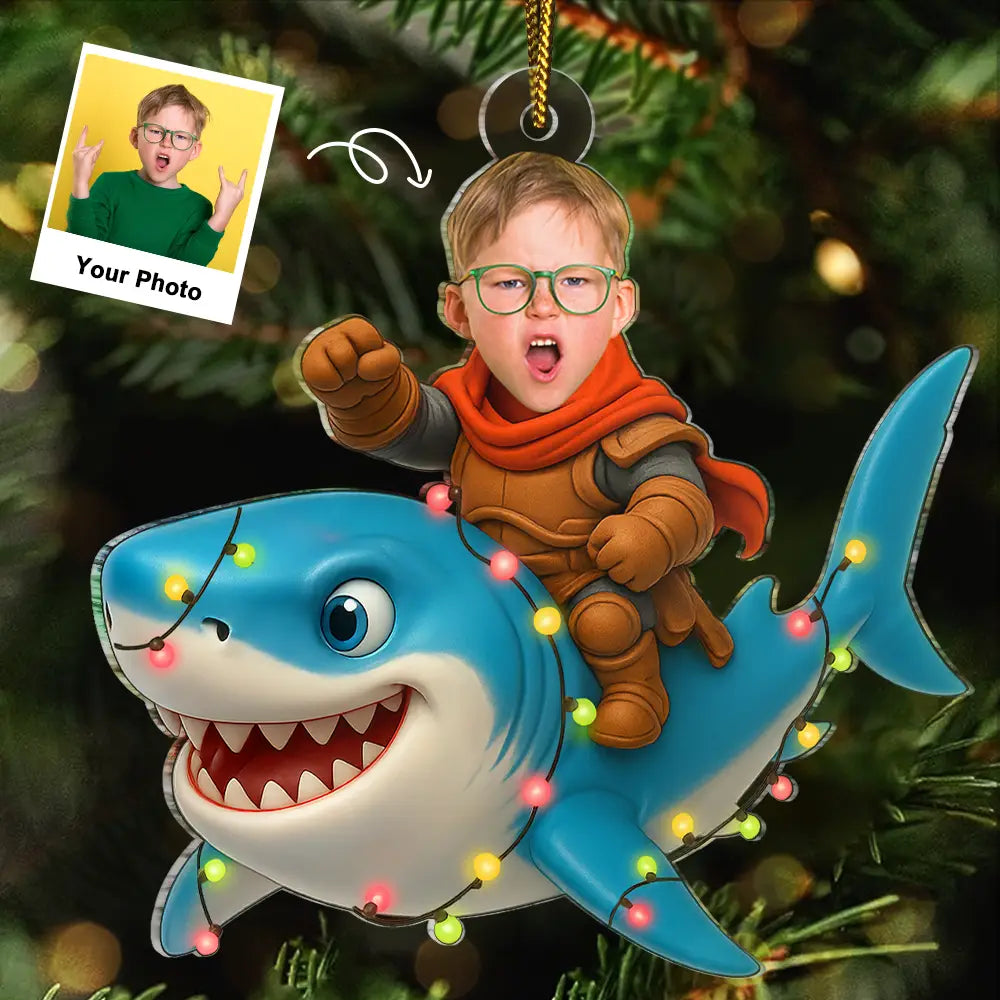 Gift For Kids,Gift For Grandkids,Photo Hobby Ornament,Custom Photo,Funny,Christmas - Custom Photo Funny Kid Face Shark - Personalized Acrylic Photo Ornament