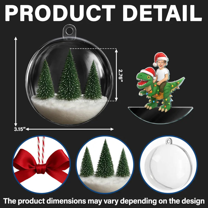 Gift For Kids, Custom Photo, Photo Hobby Ornament, Christmas, Happy - Custom Photo Funny Kid Xmas Dinosaur - Personalized 3D Acrylic Ball Ornament