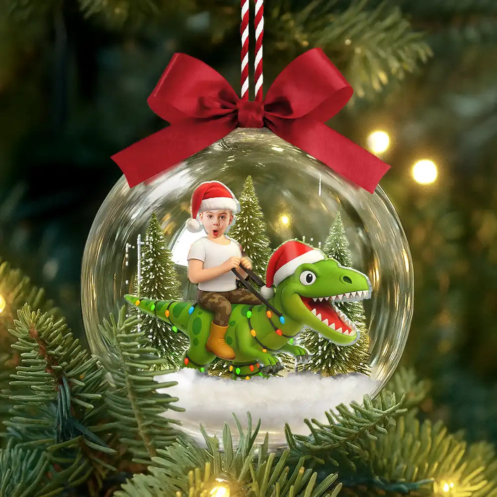 Gift For Kids, Custom Photo, Photo Hobby Ornament, Christmas, Happy - Custom Photo Funny Kid Xmas Dinosaur - Personalized 3D Acrylic Ball Ornament