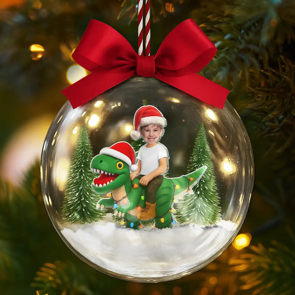 Gift For Kids, Custom Photo, Photo Hobby Ornament, Christmas, Happy - Custom Photo Funny Kid Xmas Dinosaur - Personalized 3D Acrylic Ball Ornament