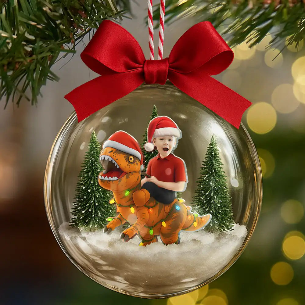 Gift For Kids, Custom Photo, Photo Hobby Ornament, Christmas, Happy - Custom Photo Funny Kid Xmas Dinosaur - Personalized 3D Acrylic Ball Ornament