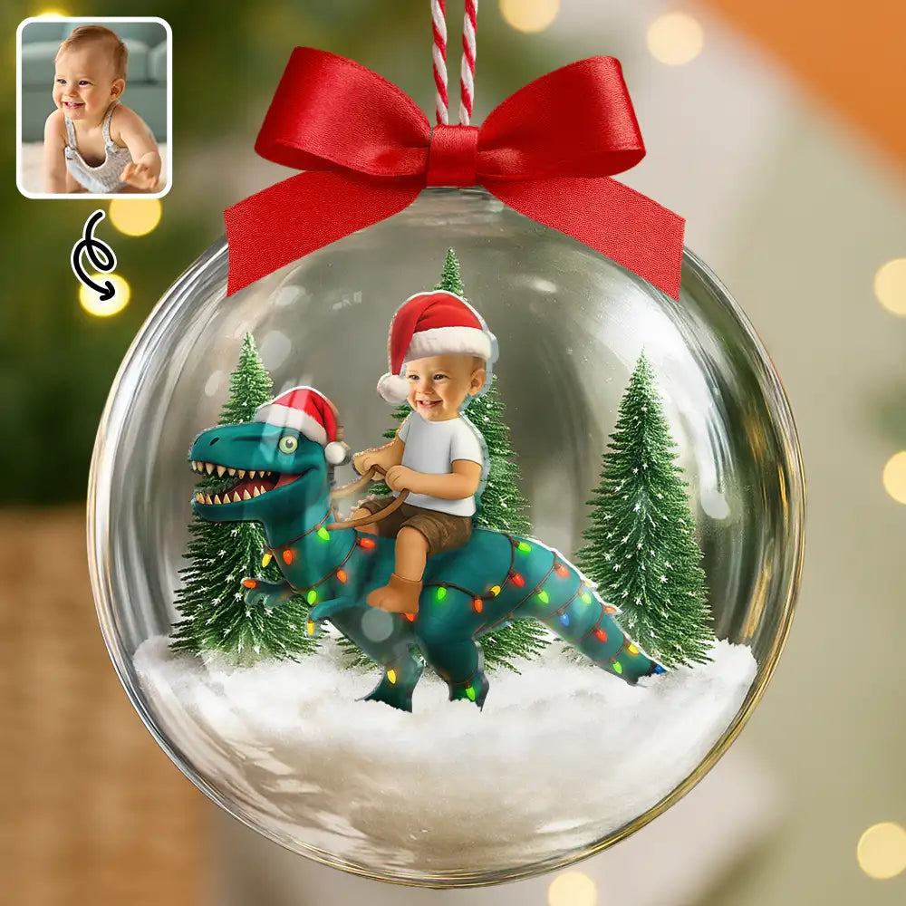 Custom Photo Funny Kid Xmas Dinosaur - Personalized 3D Acrylic Ball Ornament