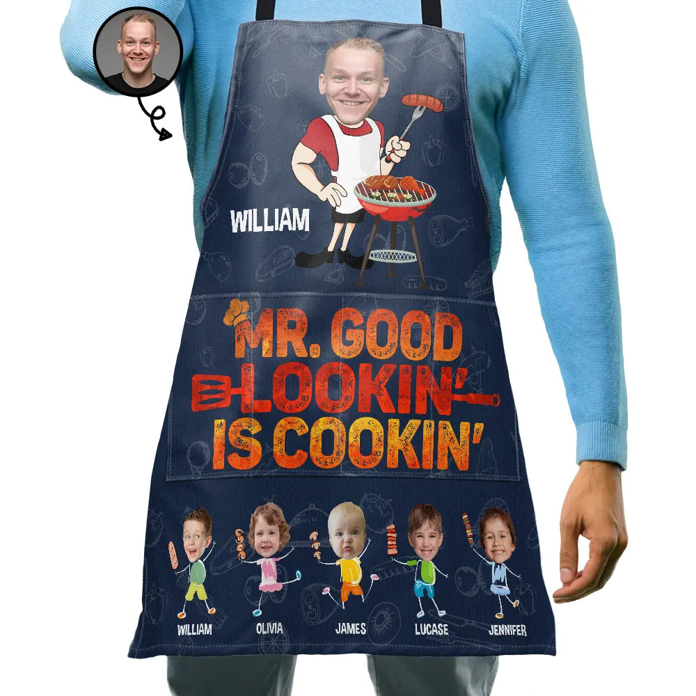 Custom Photo,Gift For Father,Grilling,Dad - Children,Non-Eng,Photo,Icon,Humorous - Custom Photo Funny Mr Good Lookin' Is Cookin' - Personalized Apron