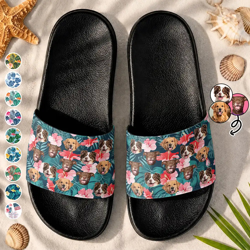 Custom Photo Funny Pet Face Hawaii Gift For Family, Couple, Dog And Cat Lovers - Personalized Unisex Slides