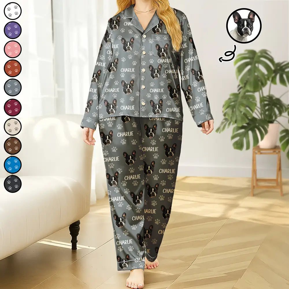 Custom Photo Funny Pet Face Pattern Dog Cat - Personalized Satin Pajama Set