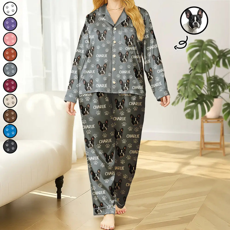 Dog Lovers,Pet Lovers,Cat Lovers,Cat Mom,Dog Mom,Pet Mom,Happy - Custom Photo Funny Pet Face Pattern Dog Cat - Personalized Satin Pajama Set