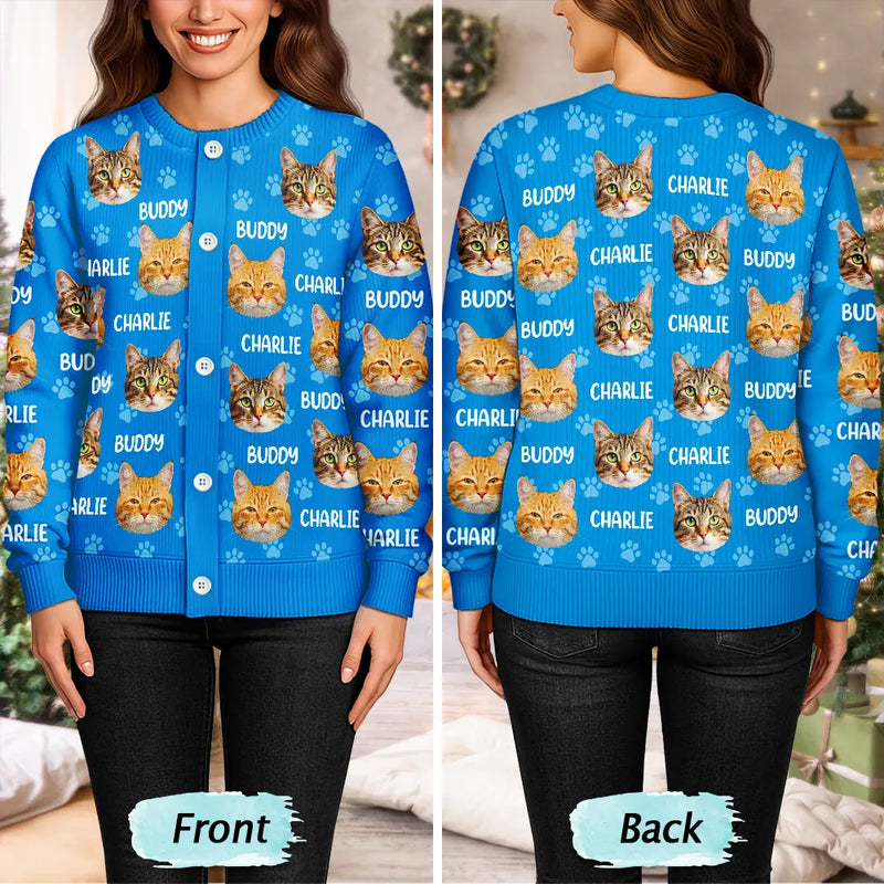 Cat Lovers, Pet Lovers, Dog Lovers, Dog Mom, Cat Mom, Happy - Custom Photo Funny Pet Face Pattern Dog Cat Family - Personalized Cardigan