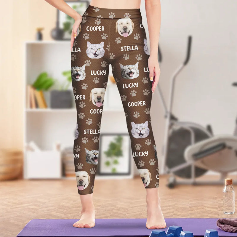 Cat Lovers,Pet Lovers,Dog Lovers,Dog Mom,Dog Dad,Cat Mom,Cat Dad,Happy - Custom Photo Funny Pet Face Pattern Dog Cat Family - Personalized Leggings