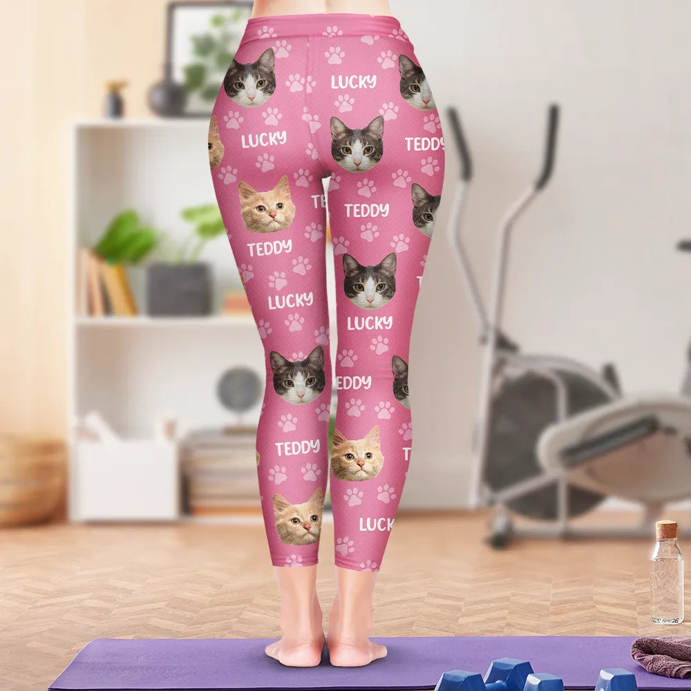 Cat Lovers,Pet Lovers,Dog Lovers,Dog Mom,Dog Dad,Cat Mom,Cat Dad,Happy - Custom Photo Funny Pet Face Pattern Dog Cat Family - Personalized Leggings