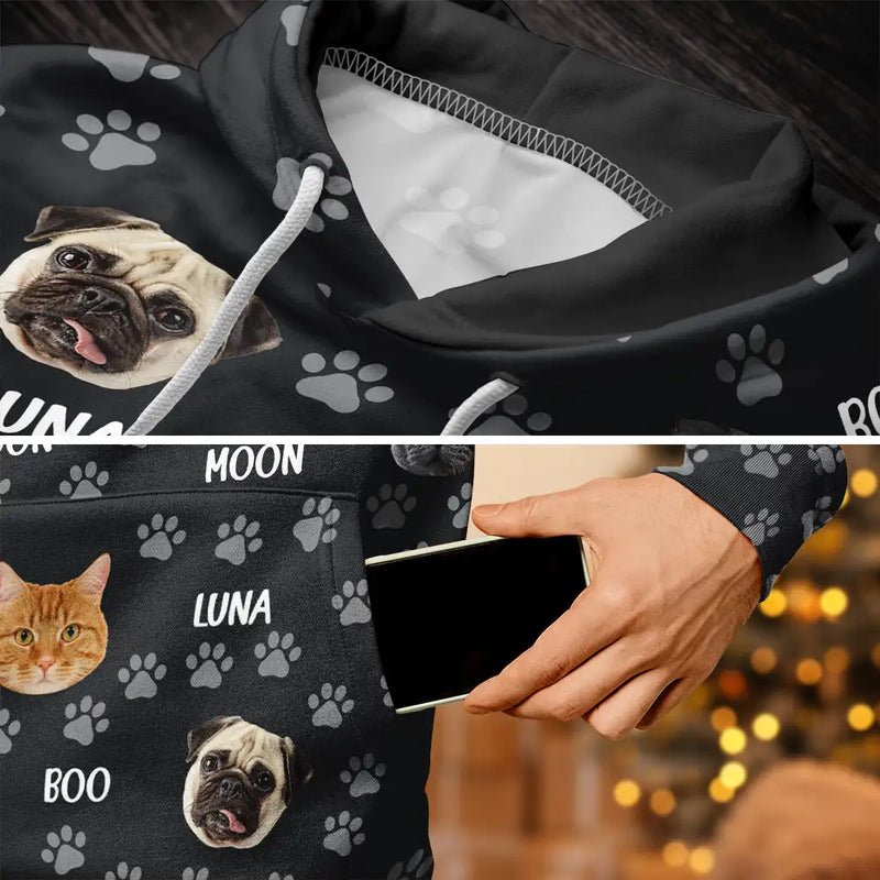 Cat Lovers,Pet Lovers,Dog Lovers,Dog Mom,Dog Dad,Cat Mom,Cat Dad,Happy - Custom Photo Funny Pet Face Pattern Dog Cat Family - Personalized Pullover Hoodie