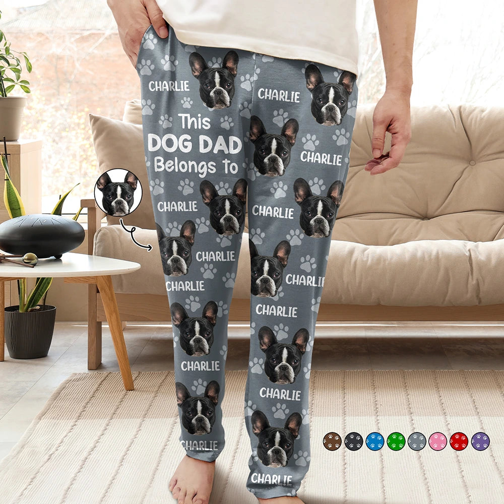 Cat Lovers,Pet Lovers,Dog Lovers,Dog Mom,Dog Dad,Cat Mom,Cat Dad,Happy - Custom Photo Funny Pet Face This Dog Dad Belongs To - Personalized Pajama Pants