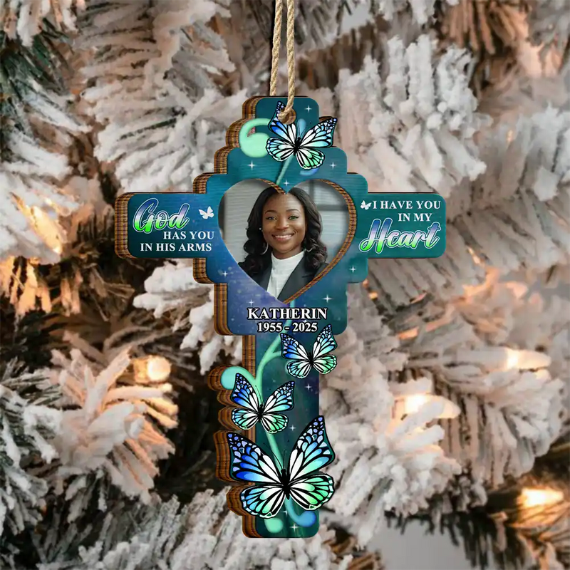 Custom Photo God Has You In His Arms - Personalized 2-Layered Wooden Ornament