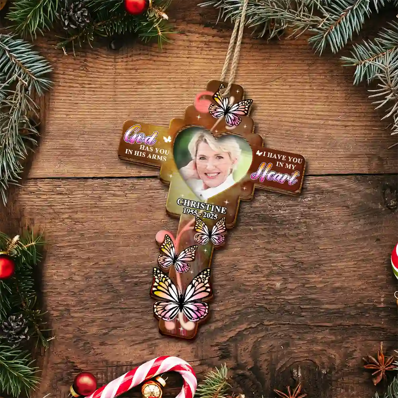 Custom Photo God Has You In His Arms - Personalized 2-Layered Wooden Ornament
