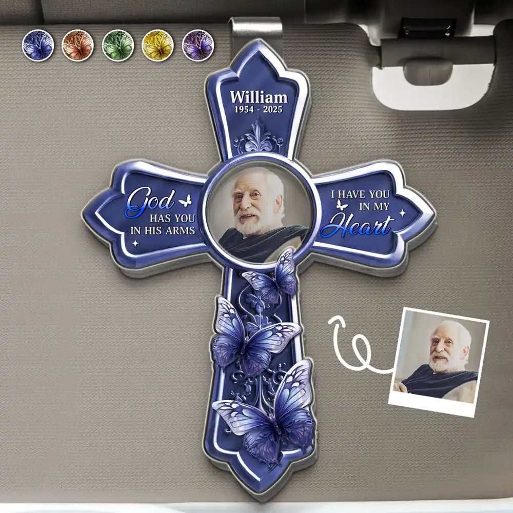 Memorial,Christian,Sad - Custom Photo God Has You In His Arms Cross Memorial Gifts - Personalized Custom Shaped Acrylic Car Visor Clip