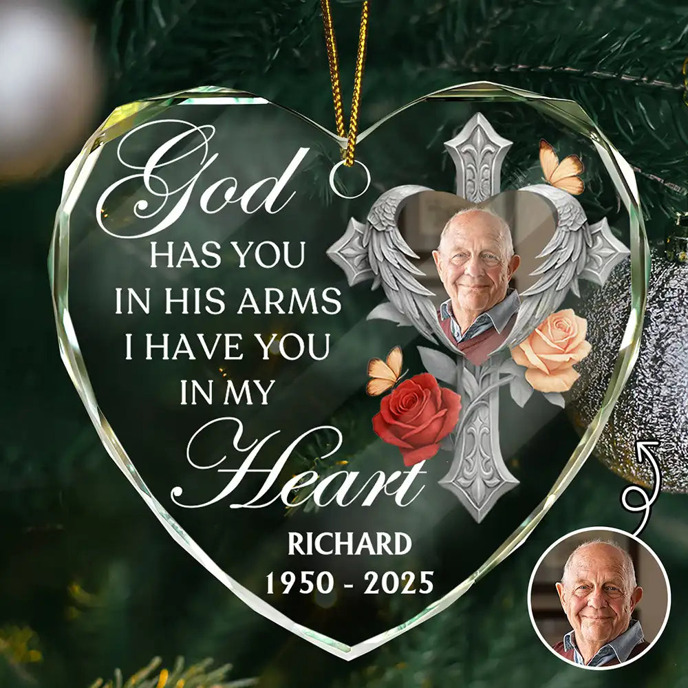 Memorial, Family, Parents, Gift For Grandparents, Sad, Christmas - Custom Photo God Has You In His Arms Memorial - Personalized Heart Shaped Glass Ornament