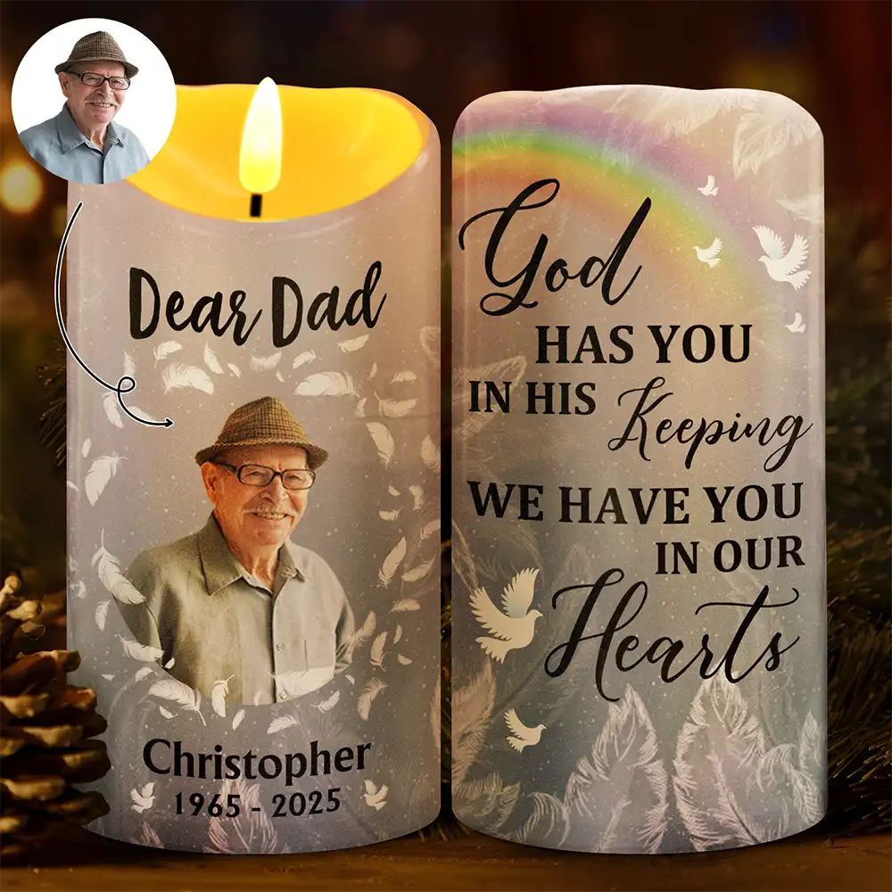 Gift For Grandparents, Gift For Grandma, Gift For Grandpa, Family, Memorial, Christmas - Custom Photo God Has You In His Keeping We Have You In Our Hearts - Personalized Flameless LED Candle