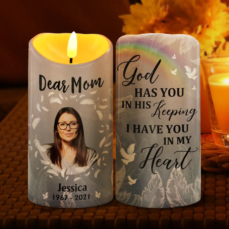 Gift For Grandparents, Gift For Grandma, Gift For Grandpa, Family, Memorial, Christmas - Custom Photo God Has You In His Keeping We Have You In Our Hearts - Personalized Flameless LED Candle