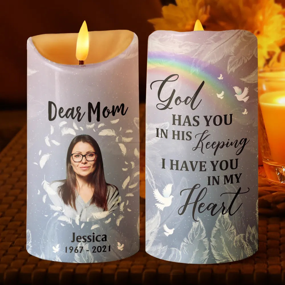 Gift For Grandparents, Gift For Grandma, Gift For Grandpa, Family, Memorial, Christmas - Custom Photo God Has You In His Keeping We Have You In Our Hearts - Personalized Flameless LED Candle