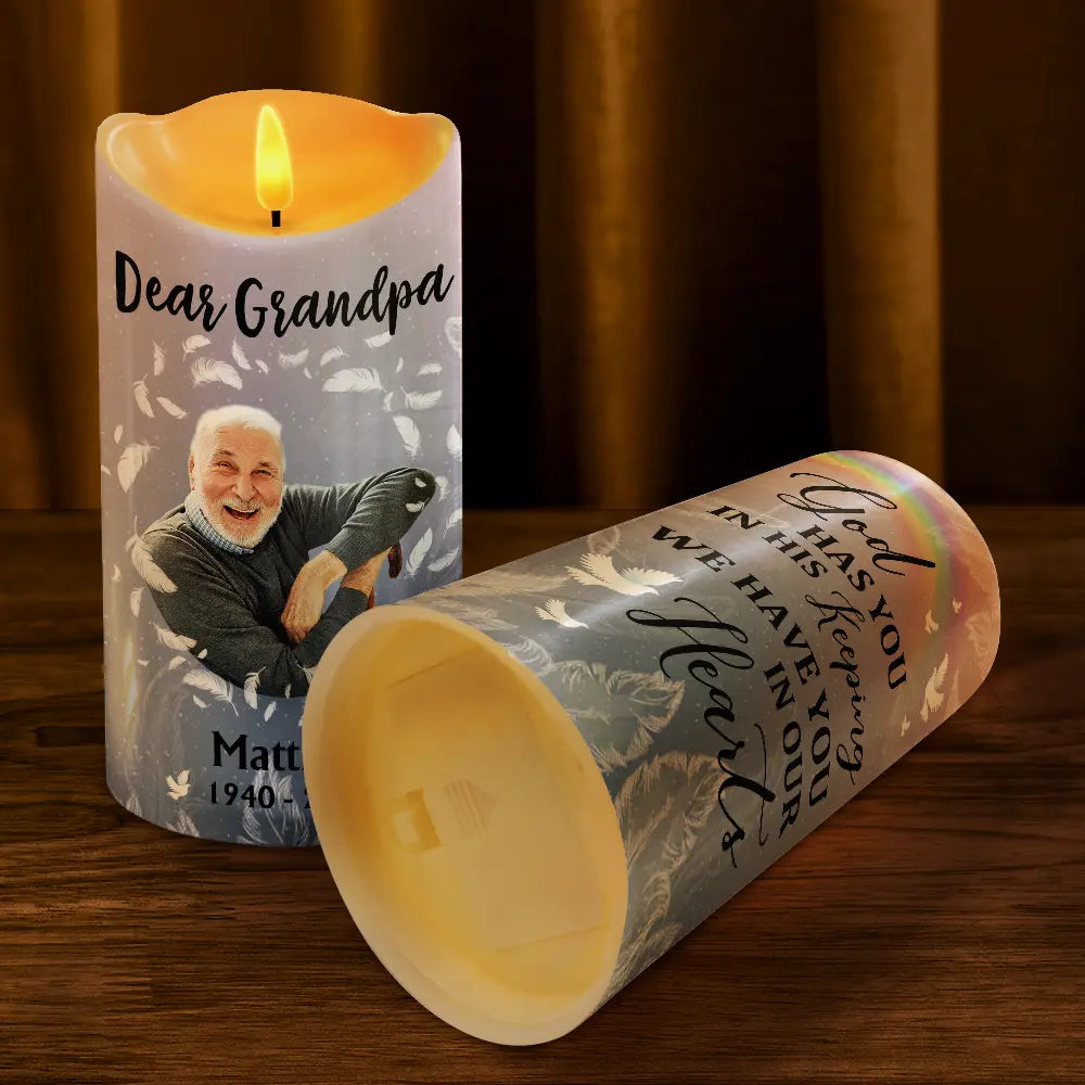 Gift For Grandparents, Gift For Grandma, Gift For Grandpa, Family, Memorial, Christmas - Custom Photo God Has You In His Keeping We Have You In Our Hearts - Personalized Flameless LED Candle