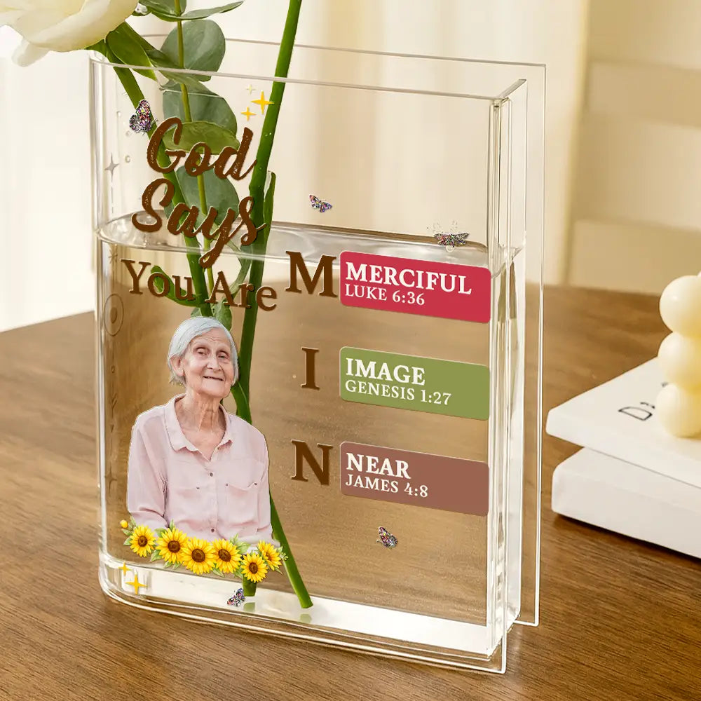 Gift For Yourself,Gift For Women,Happy,Gift For Men - Custom Photo God Says I Am Bible Verse - Personalized Acrylic Book Vase