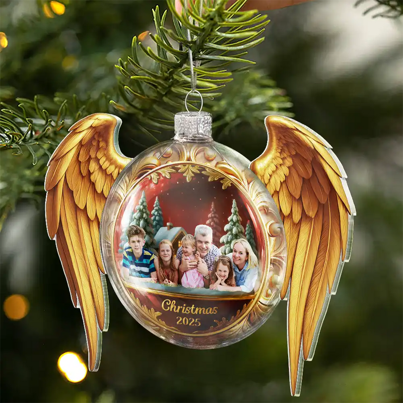 Memorial, Family, Custom Photo, Love, Christmas - Custom Photo Golden Wings Memorial Always Missed Forever Loved - Personalized Custom Shaped Glass Ornament