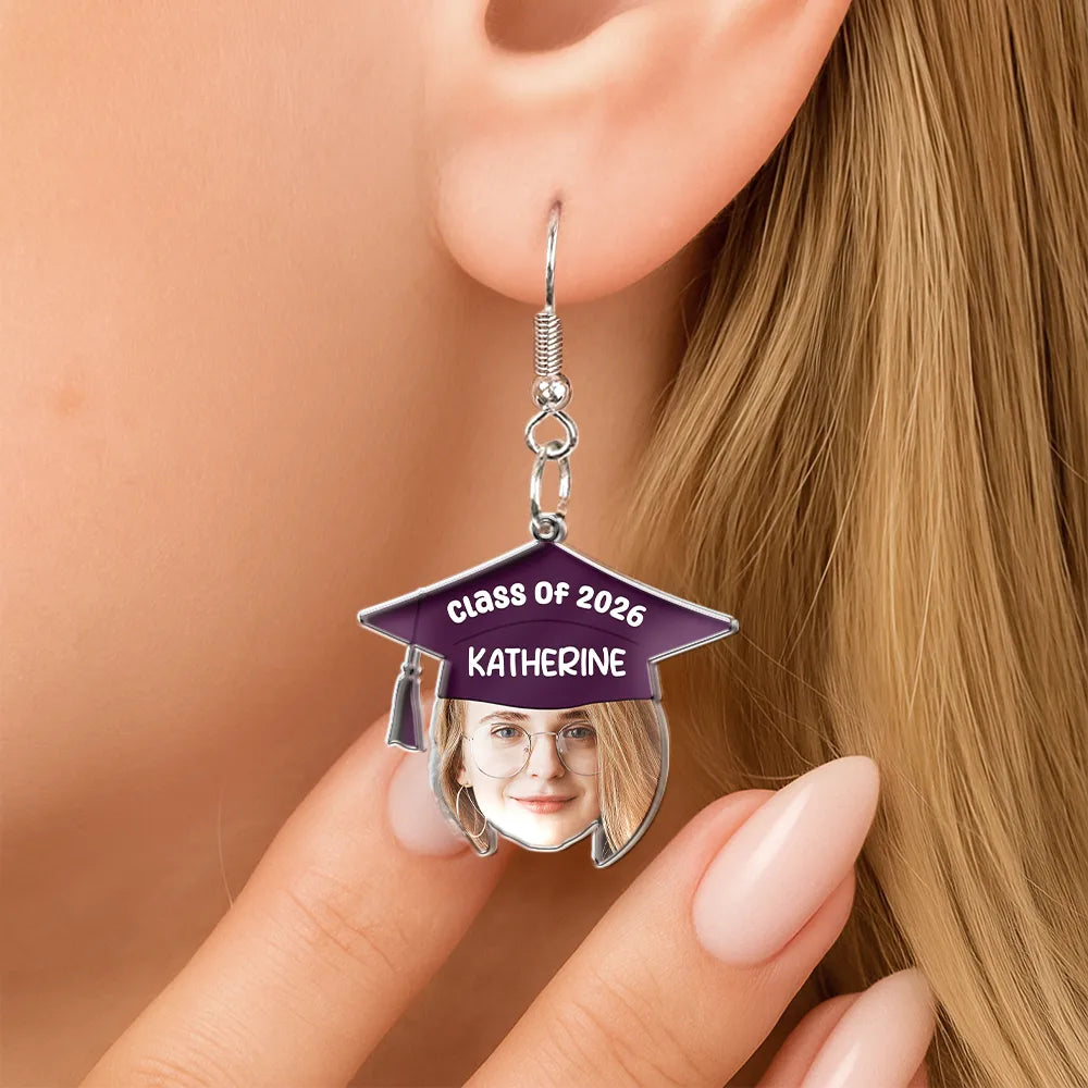 Graduation,Gift For Yourself,Gift For Women,Gift For Daughter,Gift For Sisters,Gift For Bestie - Custom Photo Graduation Hat With Funny Face - Personalized Acrylic Earrings