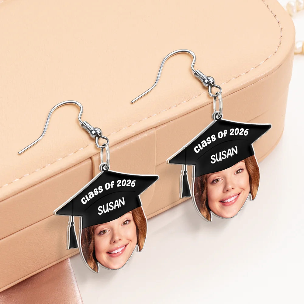 Graduation,Gift For Yourself,Gift For Women,Gift For Daughter,Gift For Sisters,Gift For Bestie - Custom Photo Graduation Hat With Funny Face - Personalized Acrylic Earrings