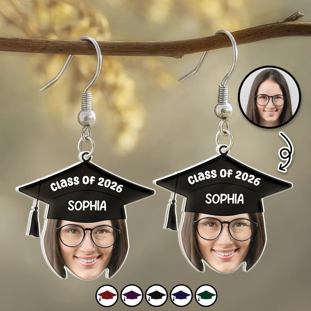 Graduation,Gift For Yourself,Gift For Women,Gift For Daughter,Gift For Sisters,Gift For Bestie - Custom Photo Graduation Hat With Funny Face - Personalized Acrylic Earrings