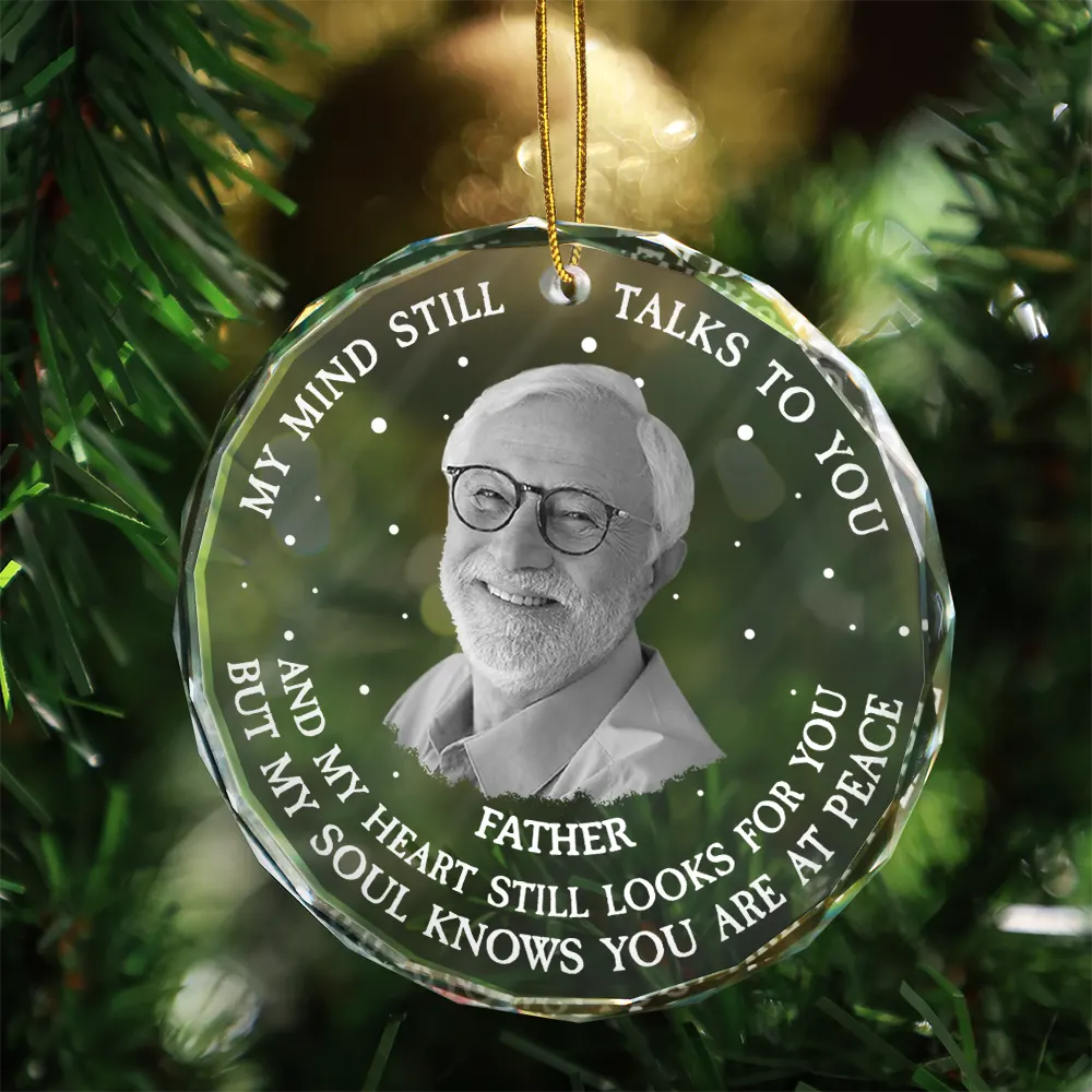 Custom Photo, Christmas, Memorial, Family, Sad - Custom Photo Grayscale Memorial My Mind Still Talks To You - Personalized Circle Glass Ornament