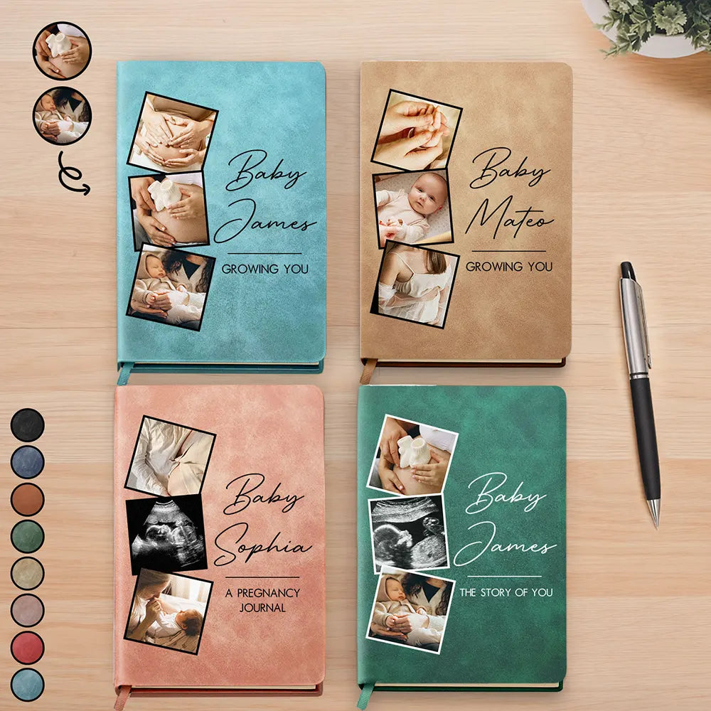 New Mom, New baby, Happy - Custom Photo Growing You Journey - Personalized Leather Journal