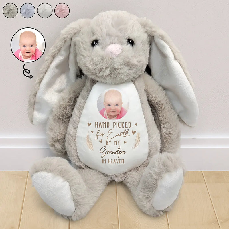 Memorial, Pregnant Mom, New Mom, New Dad, New baby, Parents - Custom Photo Hand Picked For Earth By My Grandpa Grandma - Personalized Soft Toy Bunny