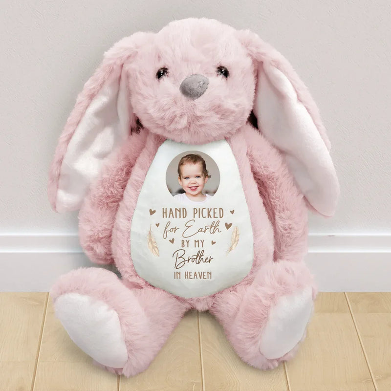 Memorial, Pregnant Mom, New Mom, New Dad, New baby, Parents - Custom Photo Hand Picked For Earth By My Grandpa Grandma - Personalized Soft Toy Bunny