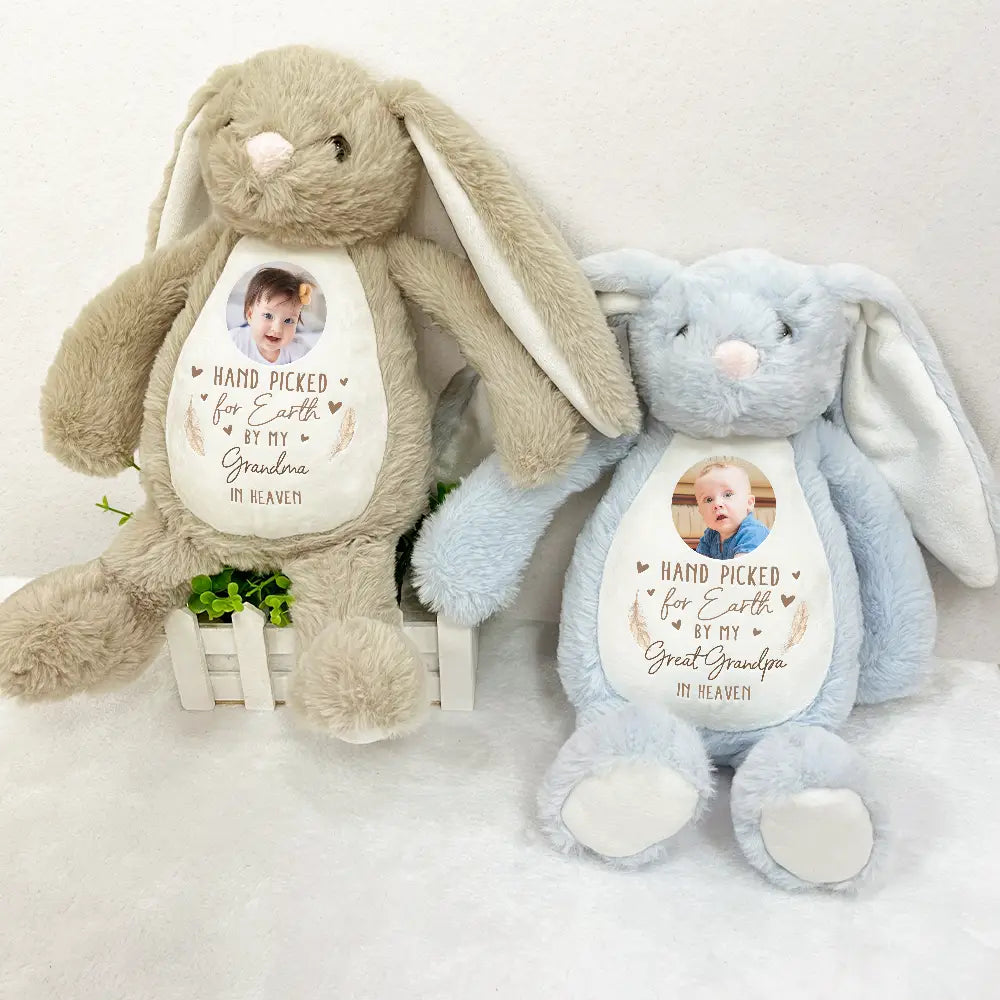 Memorial, Pregnant Mom, New Mom, New Dad, New baby, Parents - Custom Photo Hand Picked For Earth By My Grandpa Grandma - Personalized Soft Toy Bunny