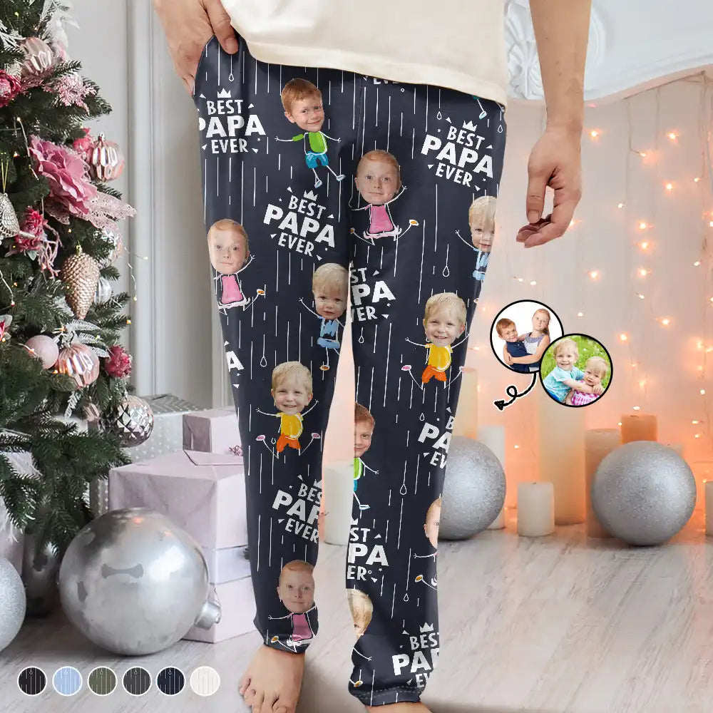 Custom Photo Happy Grandkids Best Papa Grandpa Ever Rain Pattern - Personalized Pajama Pants