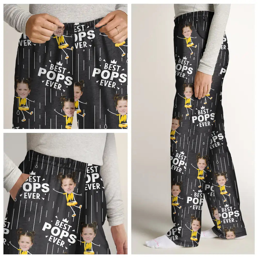Gift For Grandpa,Gift For Father,Happy,Custom Photo - Custom Photo Happy Grandkids Best Papa Grandpa Ever Rain Pattern - Personalized Pajama Pants