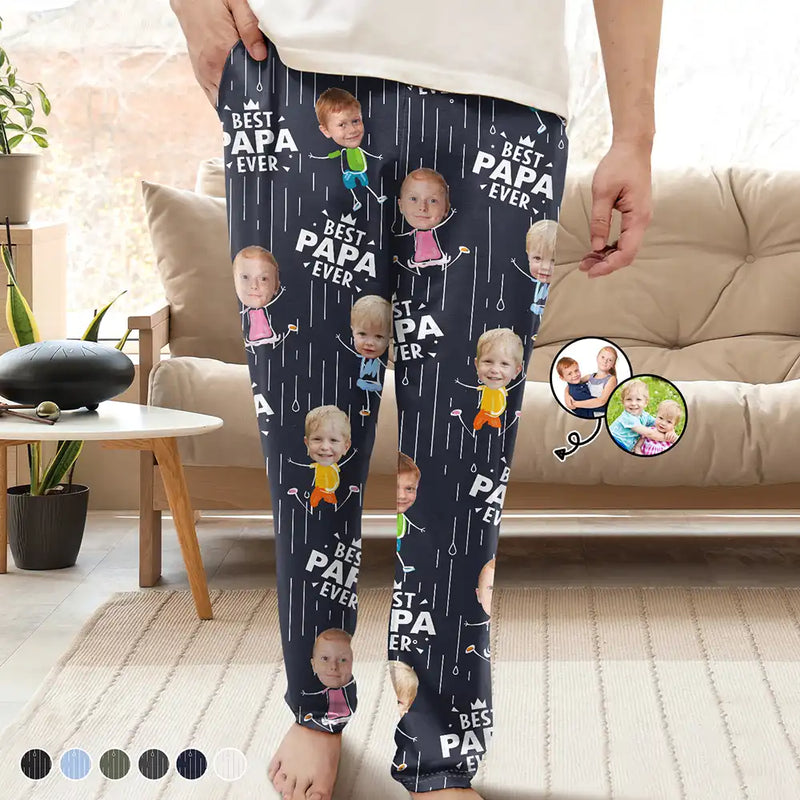 Gift For Grandpa,Gift For Father,Happy,Custom Photo - Custom Photo Happy Grandkids Best Papa Grandpa Ever Rain Pattern - Personalized Pajama Pants